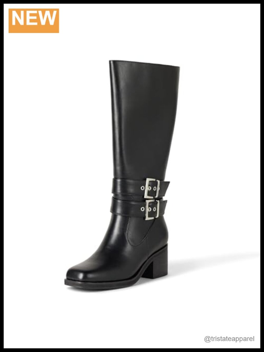 Women's Sage Tall Biker Boot with Buckles Block Heel Square Toe 100%